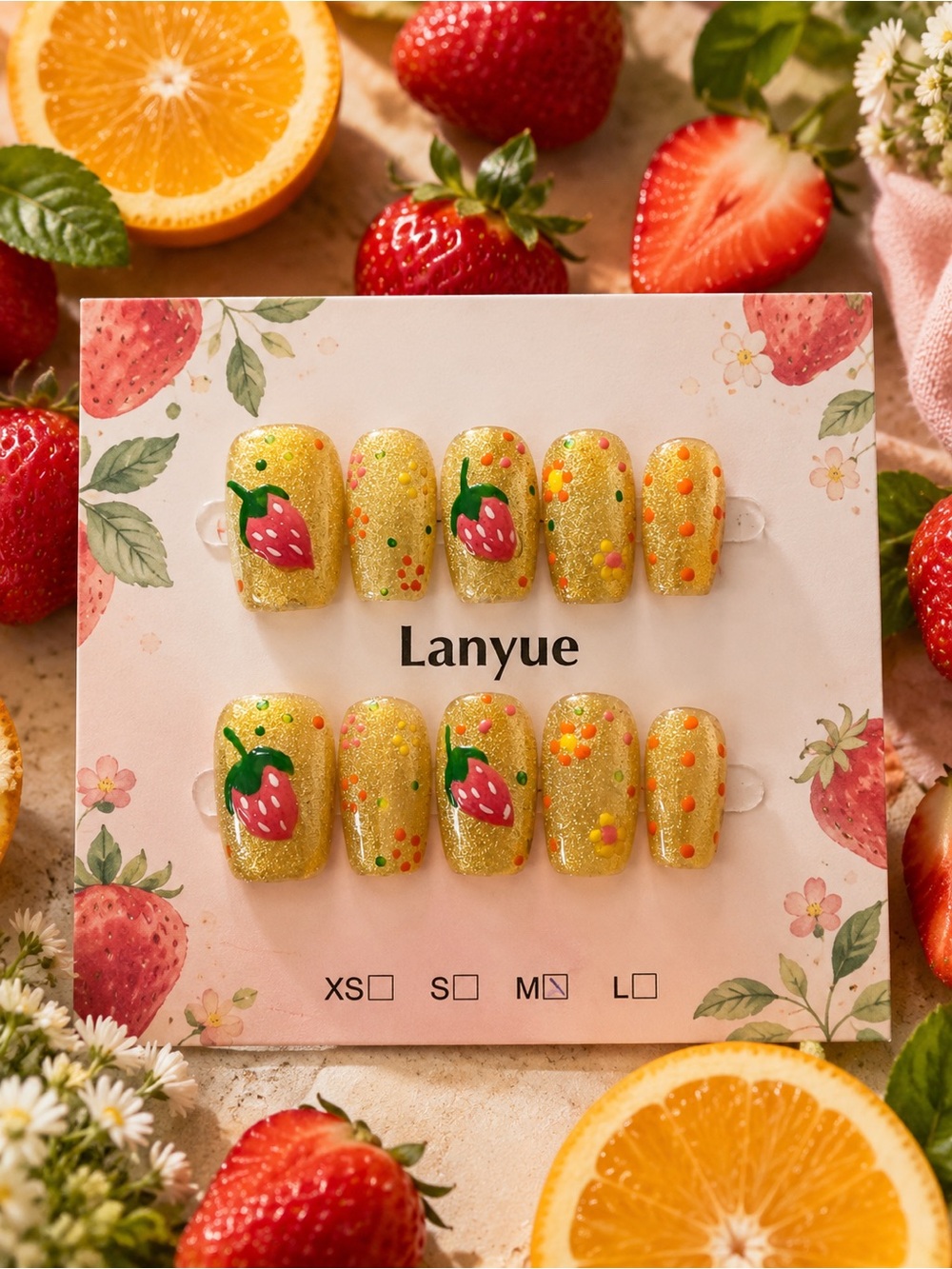 Lanyue Yellow Glitter Press-On Nails with Pink Strawberry Accents